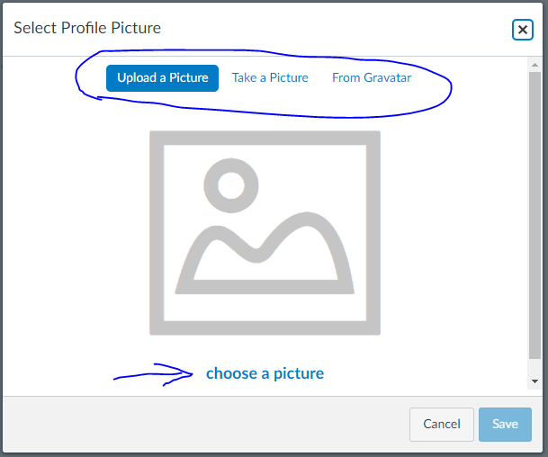 Screenshot of the "Select Profile Picture" popup box with markings indicating the elements in question