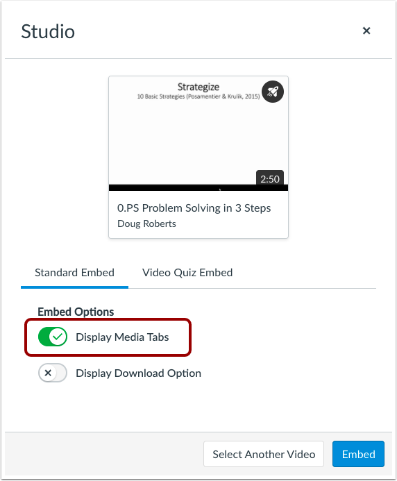 Screenshot of how to toggle the 'display media tabs' button on and off when embedding a Canvas Studio video