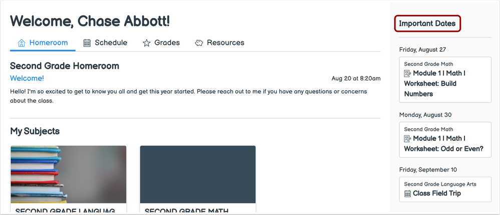 Important Dates Student View