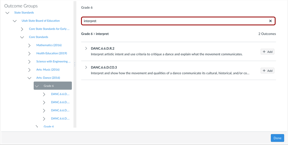 Outcomes search field