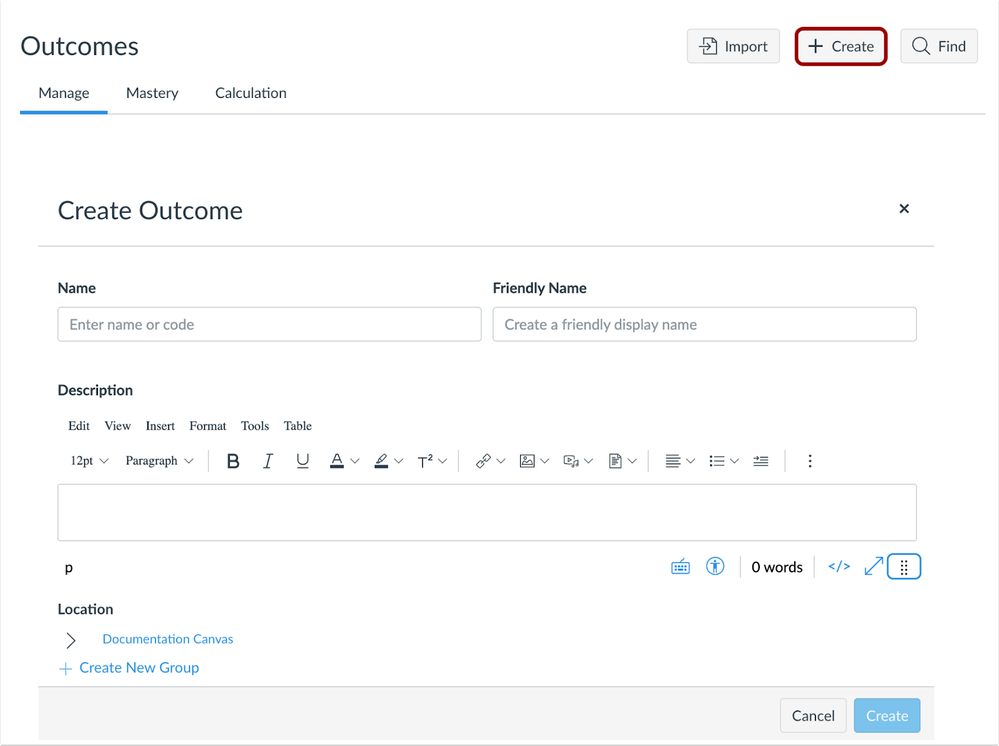 Create Outcomes Button and Window