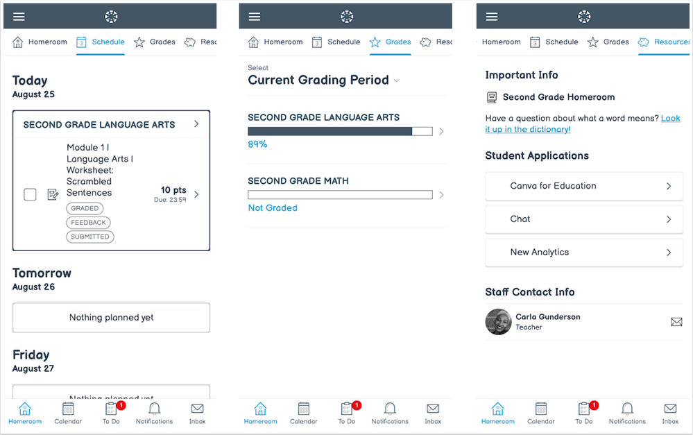 Canvas Student App Dashboard tabs