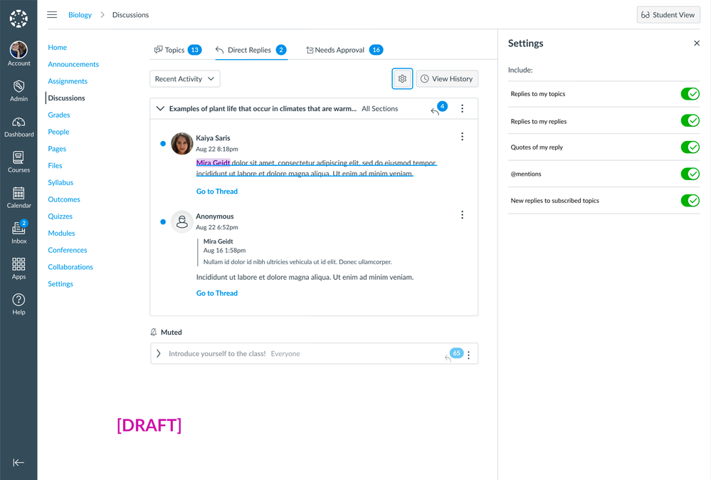 Canvas Discussion Index Page, Direct Replies Settings