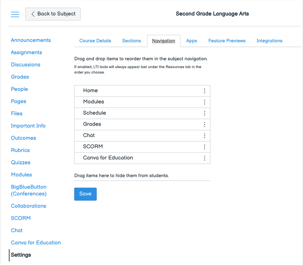 Course Settings Navigation Tab