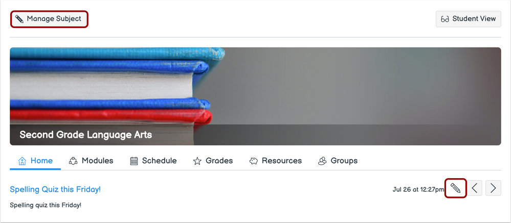 Teacher Home Page with Edit and Manage Buttons