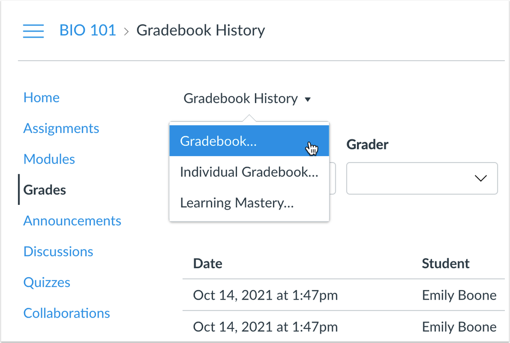 Gradebook Link in the Gradebook History Page