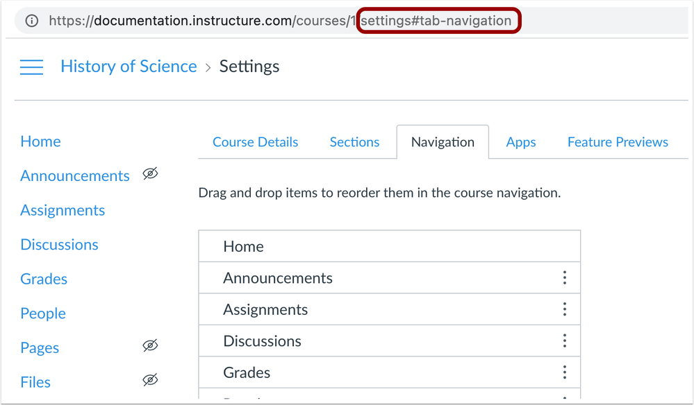 Settings Tab Links