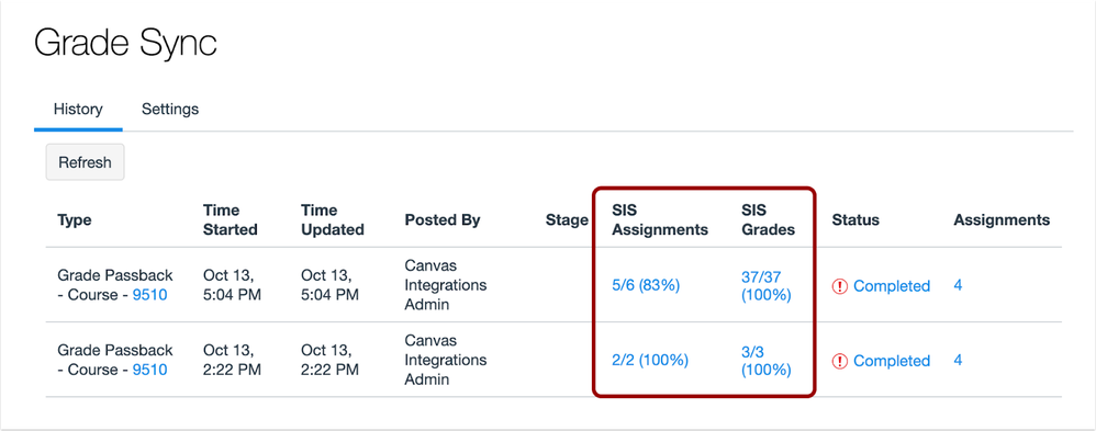 SIS Assignments and Grades column in Grade Sync Page