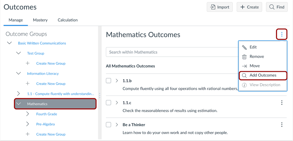 Outcome Groups Add Outcomes Link