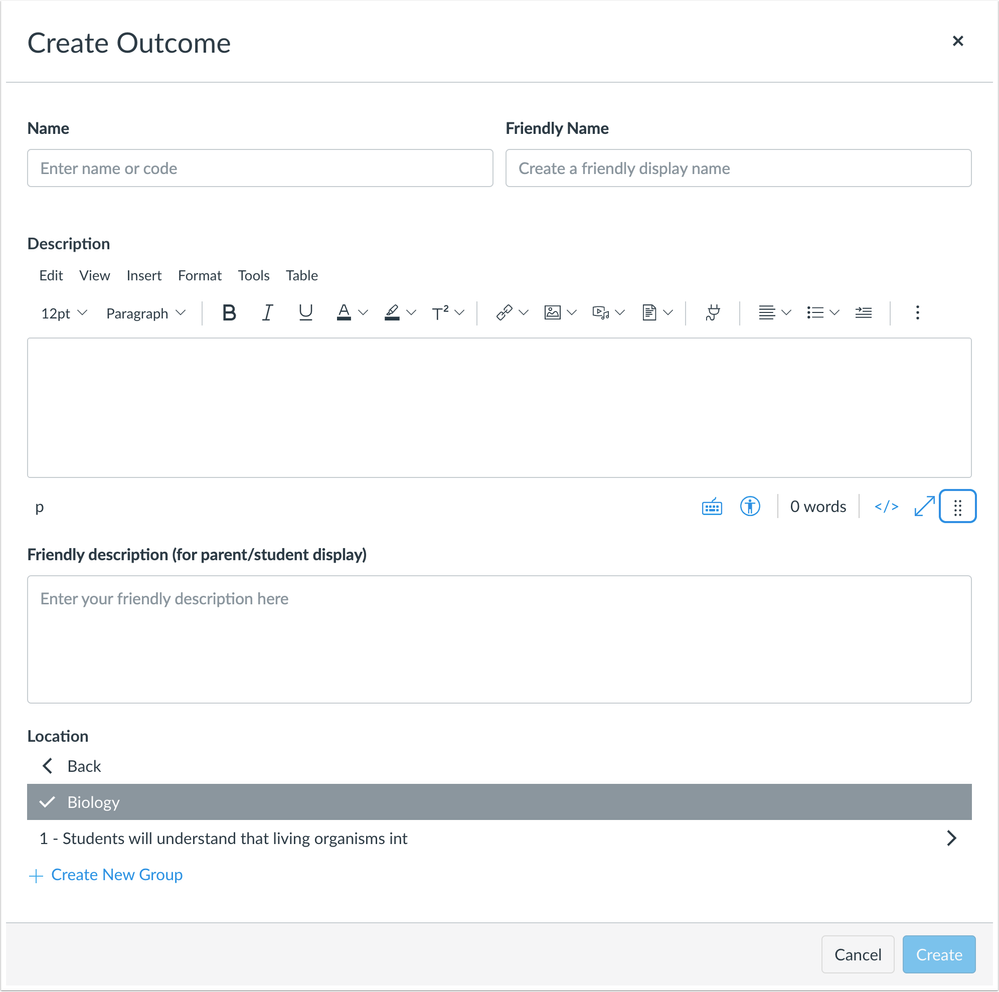 Create Outcomes Button and Window
