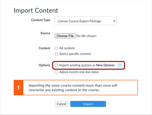 Import Content Checkbox
