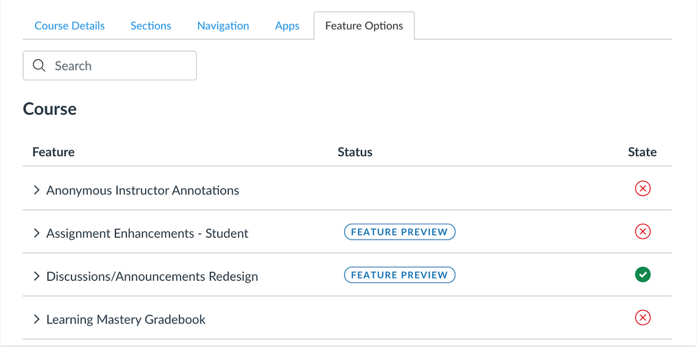 Feature Options page with Feature Preview label