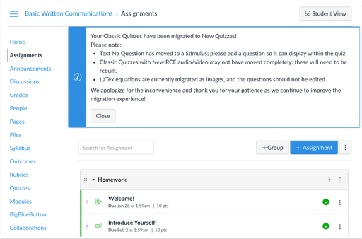 Migration Message in Canvas Courses