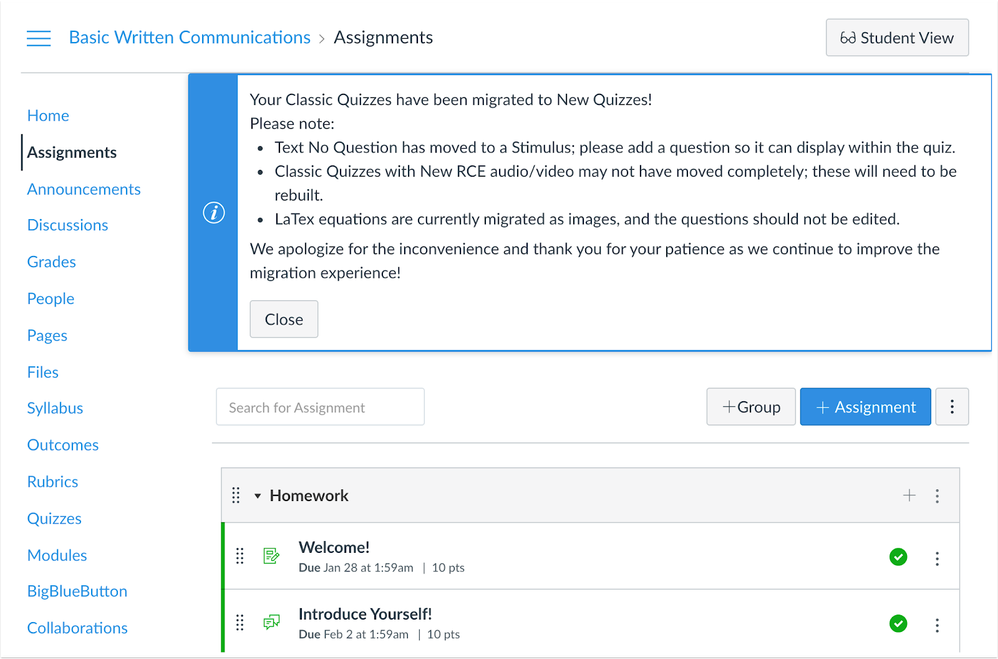 Migration Message in Canvas Courses