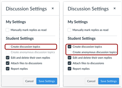 Teacher Discussions Settings page and Anonymous Discussions