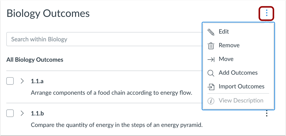 Outcome Group Settings Menu