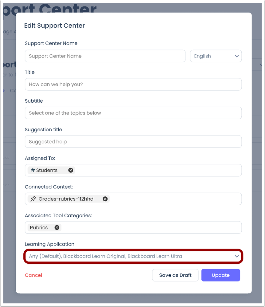 Support Center Learning Applications Menu