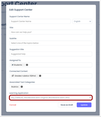 Support Center Learning Applications Menu