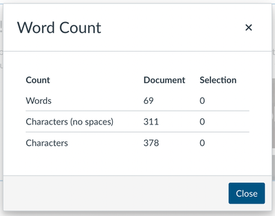 The modal that displays when the "word count" tool is selected.