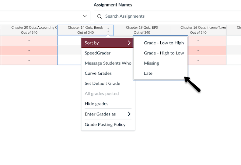 Screenshot indicating the sort by sub menu, available from the drop down menu of a Canvas quiz column in the gradebook, as a place to add a Total Activity option.