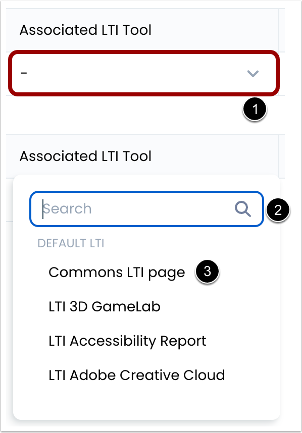 Associated LTI Tool dropdown