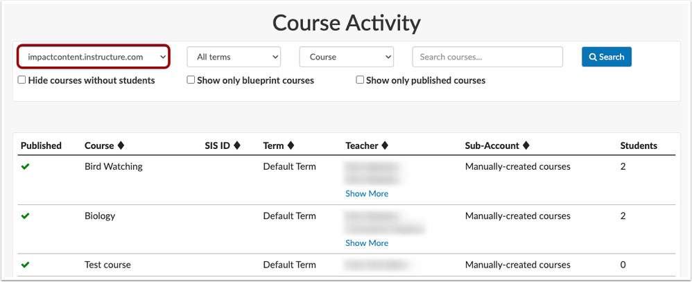 Course Activity Canvas Instance Dropdown