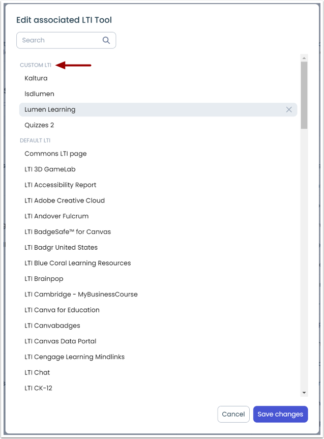 Associated LTI Tool Modal