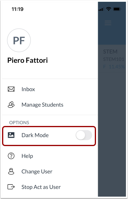 Canvas IOS Mobile Parent APP Dark Mode Options Menu