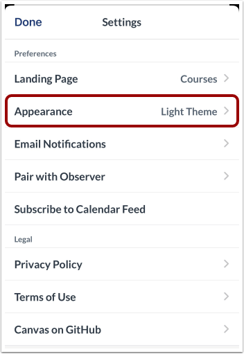 Canvas IOS Mobile Settings