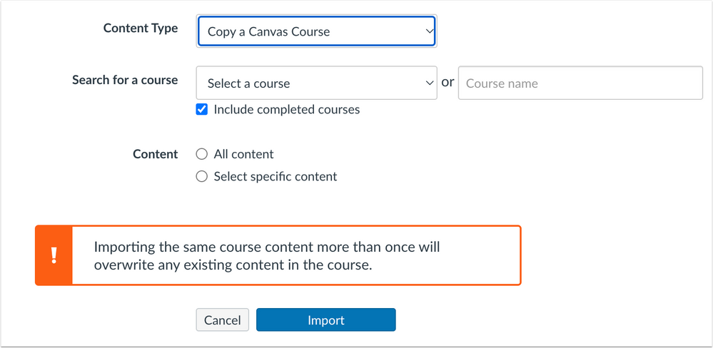 Course Settings Import Course Content Page