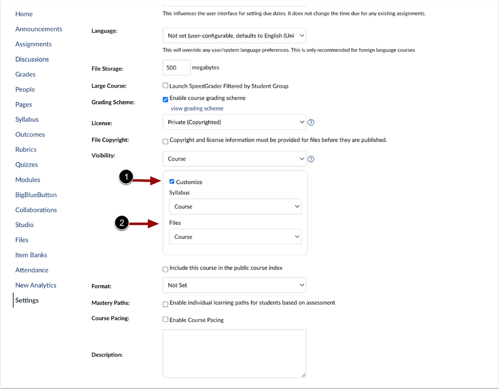 Course Settings Customize Visibility