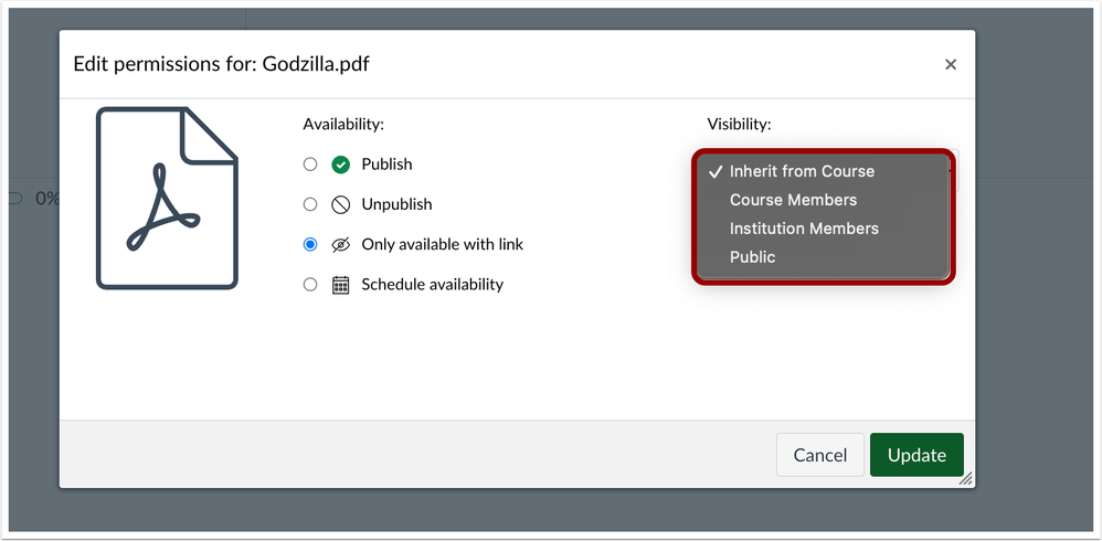 File Visibility Drop-Down Menu Options