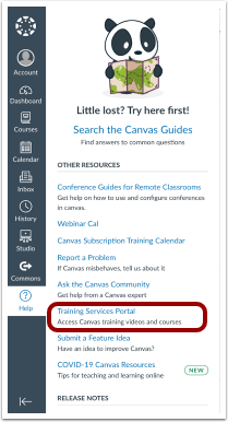 Canvas Help Menu Training Services Portal LInk