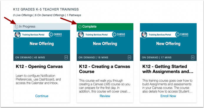 Courses with In Progress and Completed Status