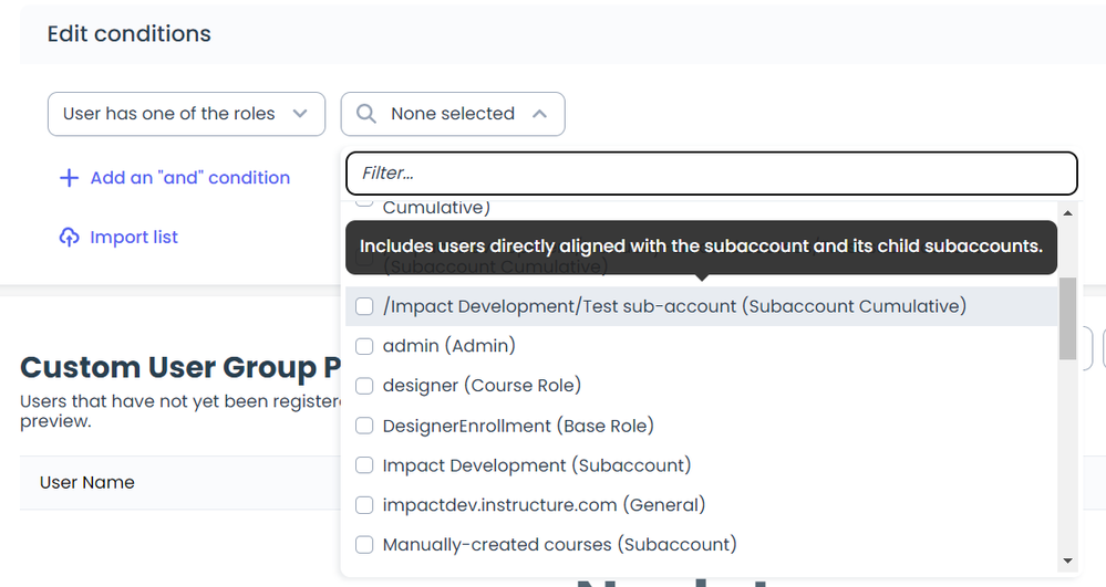 User Groups: Role Dropdown Menu