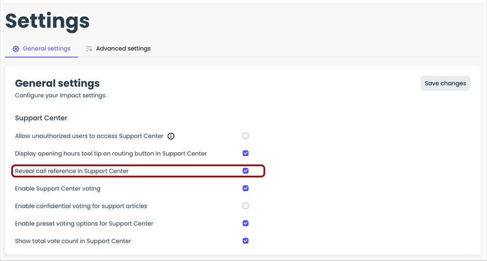 General Settings: Reveal Call Reference in Support Center