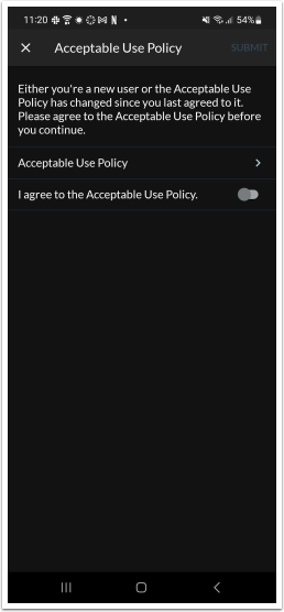 Acceptable Use Policy Pop Up in Dark Mode