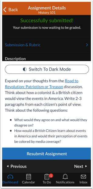 Assignment Detail Switch to Dark Mode Button