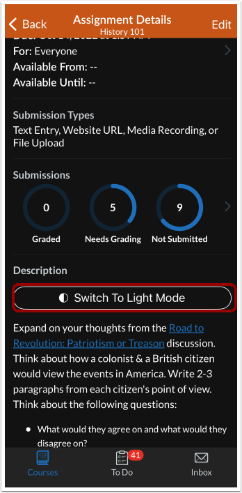 Assignment Details Switch to Light Mode Button