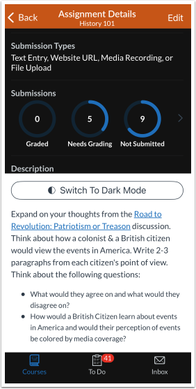 Assignment Details Switch to Dark Mode Button