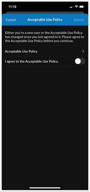 Acceptable Use Policy Pop Up in Dark Mode