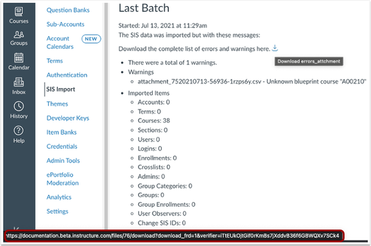 SIS Import Error Report Download URL