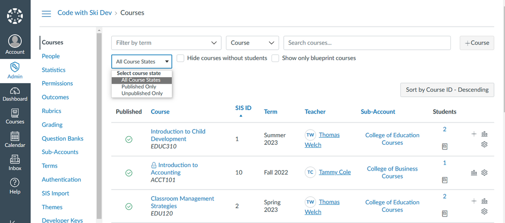 Course search view with enhancements active