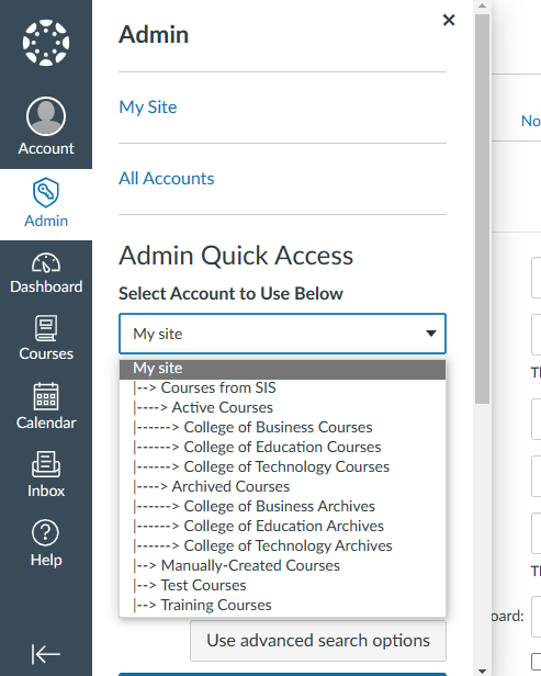 Admin flyout menu account select