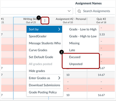 Assignment Menu Sort By Options