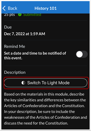 Assignment Switch to Light Mode Button