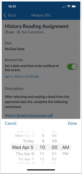 Assignment Remind Me Date and Time Picker