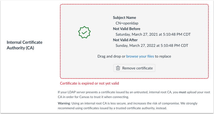 Invalid Internal Certificate Authority Upload
