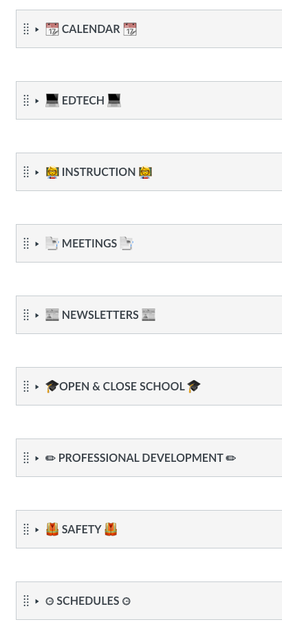 Screenshot of modules in an admin course showing topics covered monthly.