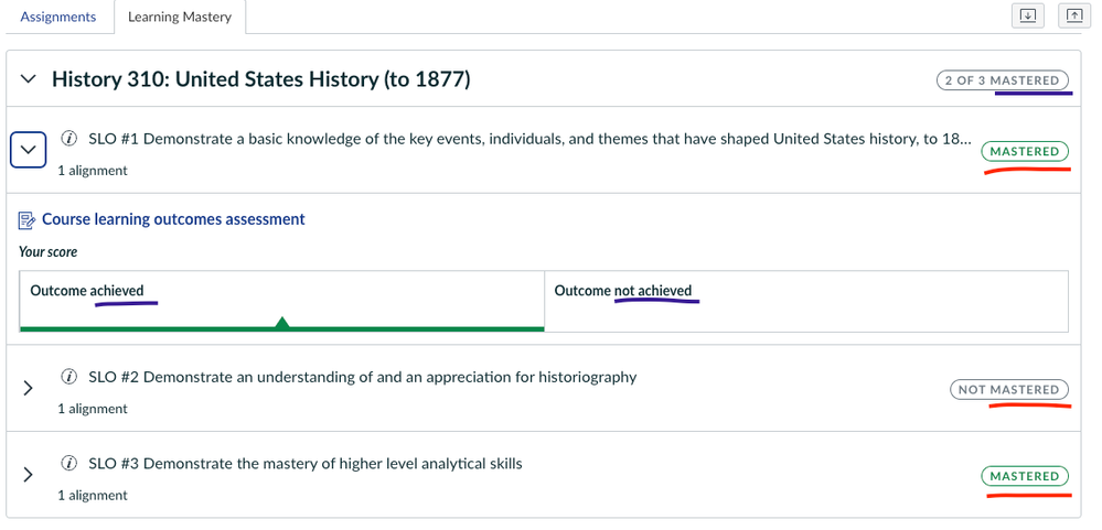 Student Learning Mastery Gradebook with each instance of “Mastery” and “achieved” underlined